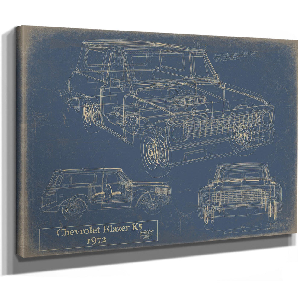 Cutler West 1972 Chevrolet Blazer K5 technical blueprint on blue background, stretched canvas wrap
