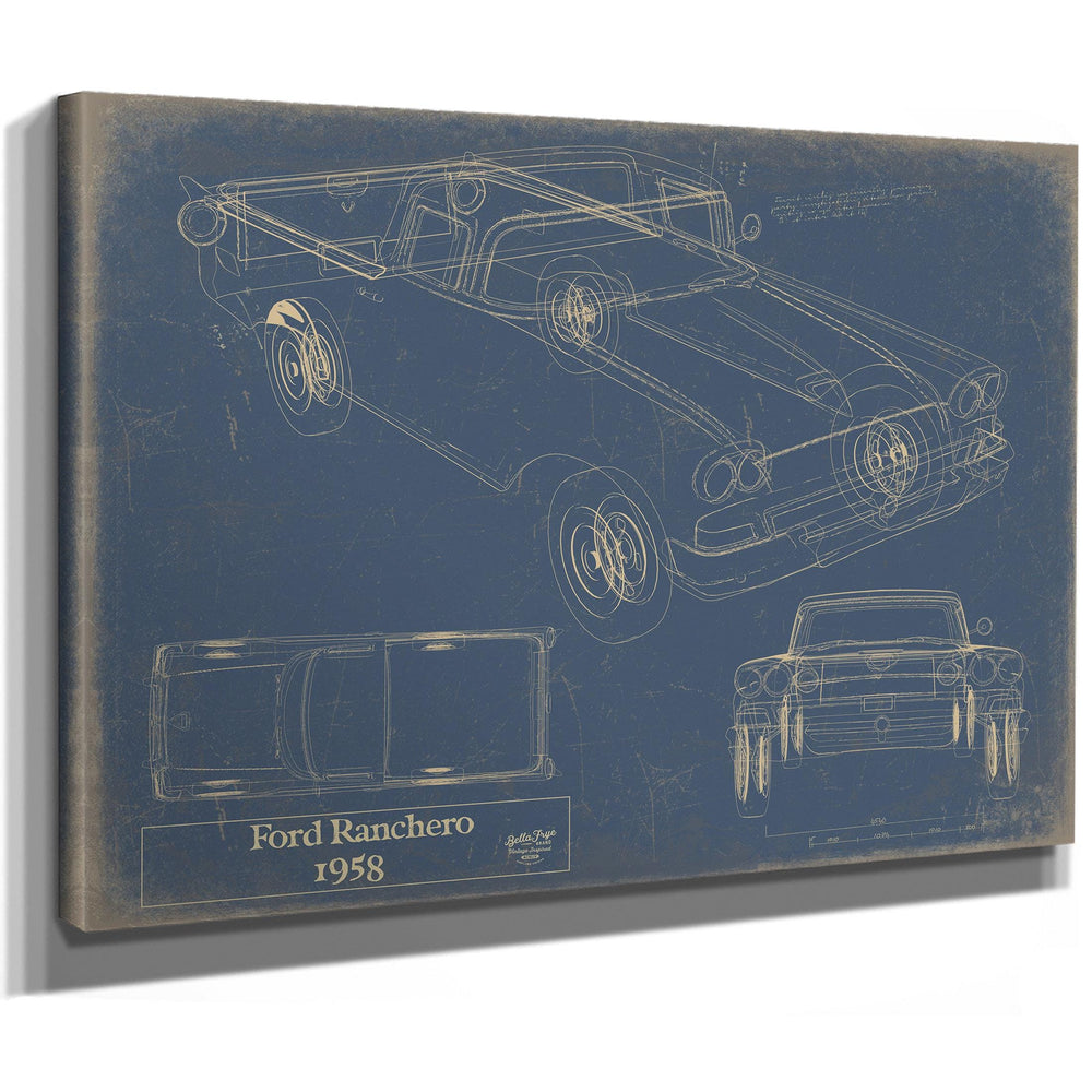 Cutler West 1958 Ford Ranchero blueprint print on blue stretched canvas showing side, top, and front views
