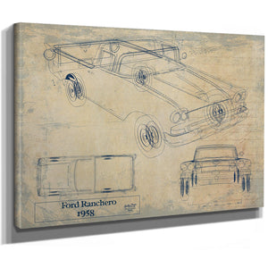 Cutler West Vintage 1958 Ford Ranchero Truck Model Print, Original Blueprint Canvas