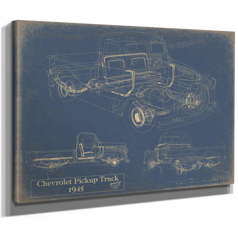 Cutler West 1945 Chevrolet Pickup Truck blueprint with three-view technical drawing on blue background, stretched canvas wrap