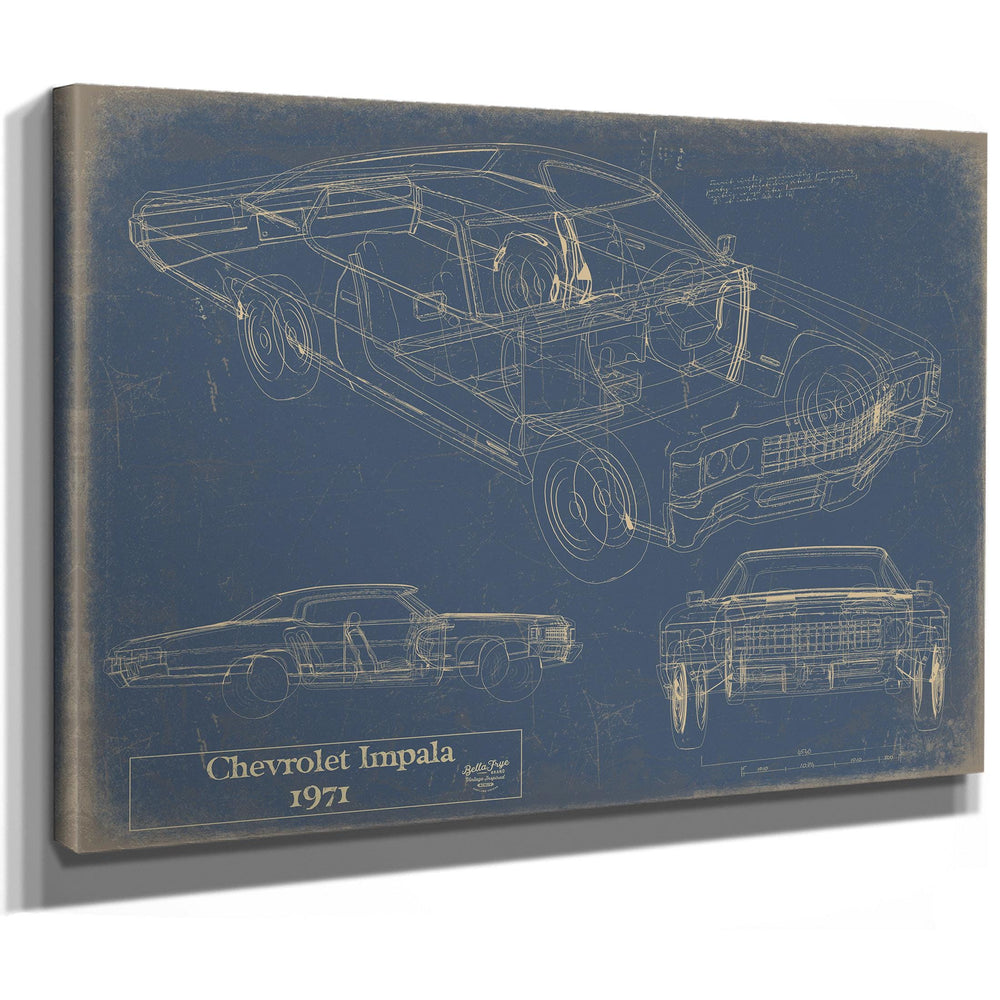 Cutler West 1971 Chevrolet Impala blueprint showing three vehicle views on blue background, stretched canvas wrap