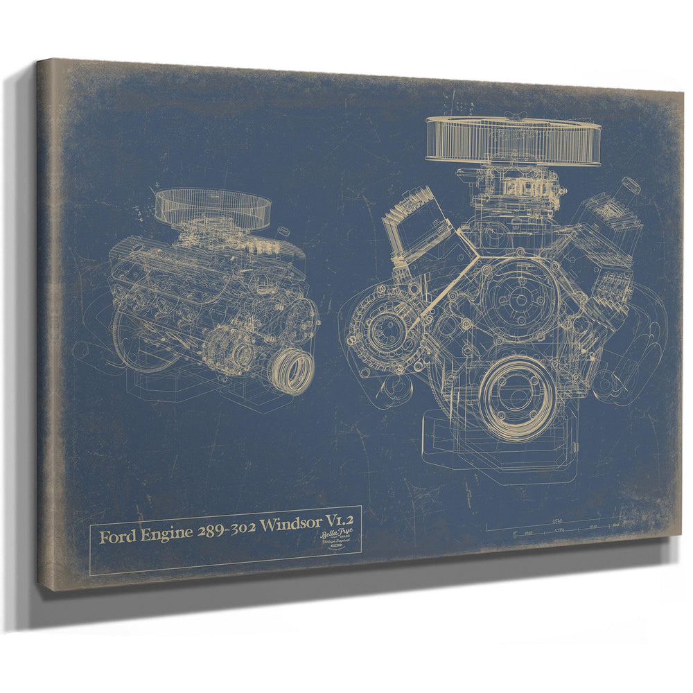 Cutler West Ford Engine 289-302 Windsor V1.2 blueprint on blue canvas wrap showing two engine schematics side by side