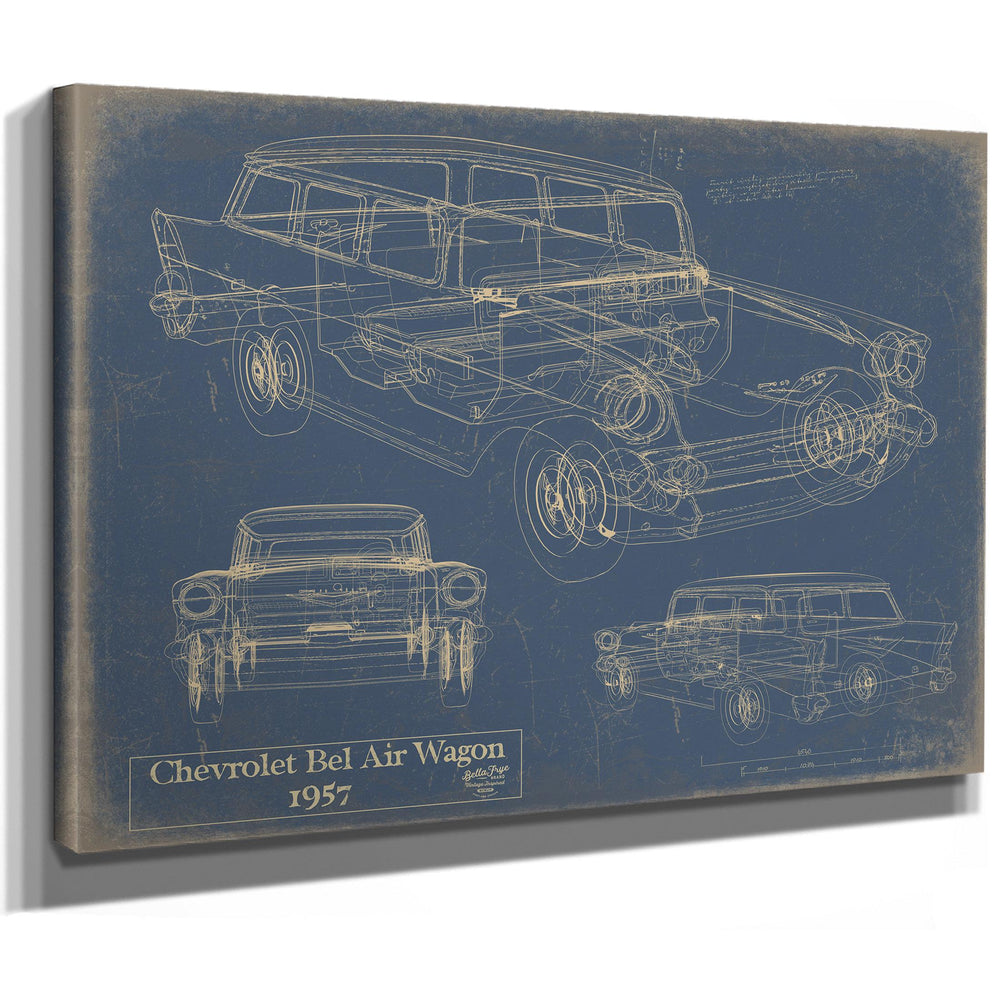 Cutler West 1957 Chevrolet Bel Air Wagon blueprint on blue background, stretched canvas wrap
