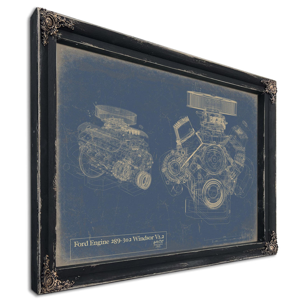 Cutler West Ford Engine 289-302 Windsor V1.2 blueprint on blue canvas wrap showing two engine schematics side by side