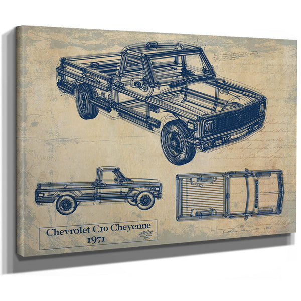 Cutler West Vintage 1971 Chevrolet C10 Cheyenne Truck Model Mancave Blueprint Art