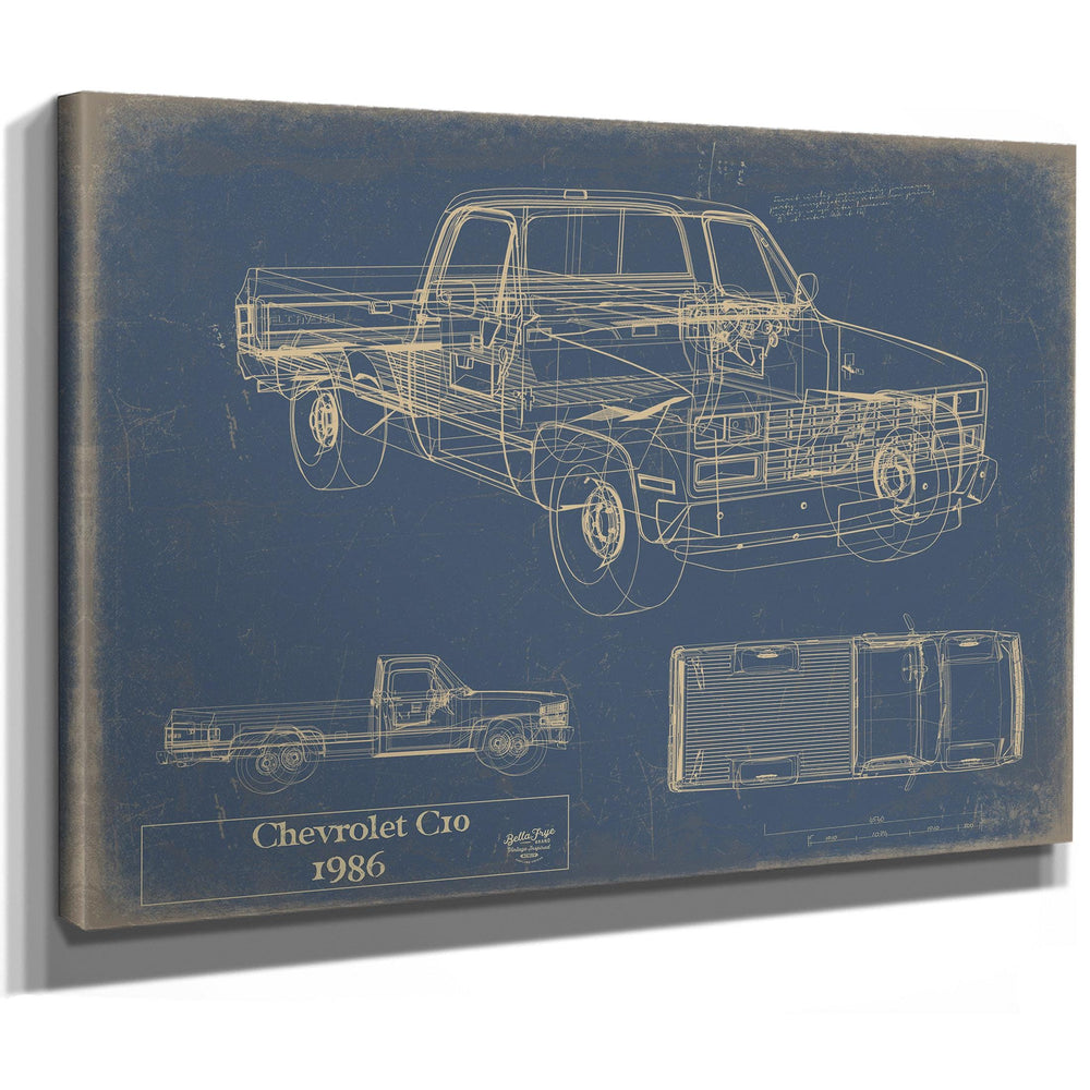 Cutler West 1986 Chevrolet C10 blueprint on blue background, stretched canvas wrap, showing side and top views