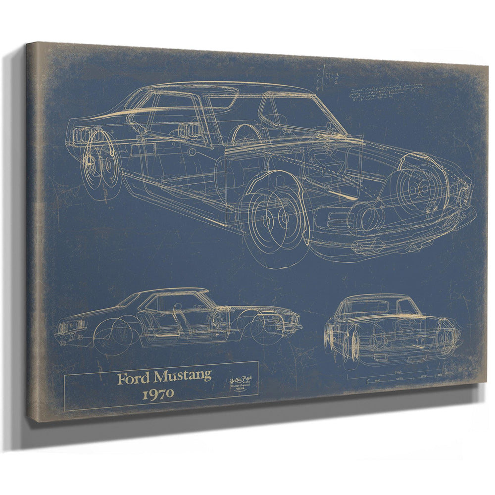 Cutler West Ford Mustang 1970 blueprint art on stretched canvas with blue background showing three vehicle angles