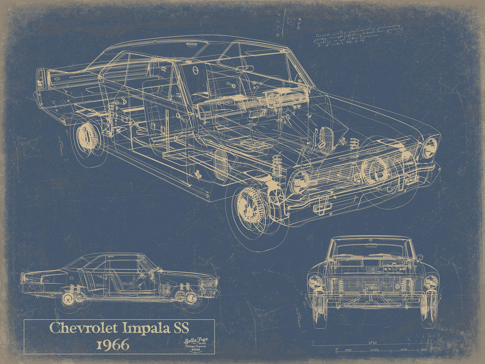 Cutler West 1966 Chevrolet Impala SS blueprint print in black frame on blue background