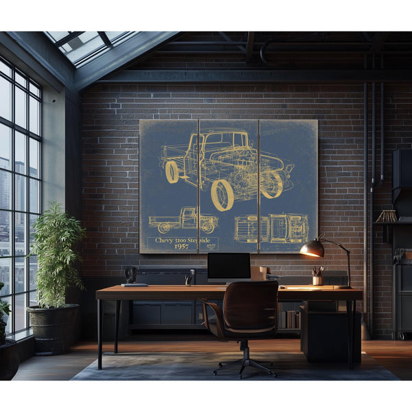 Cutler West Vintage 1957 Chevy 3100 Stepside Pickup Model Print, Original Blueprint Canvas