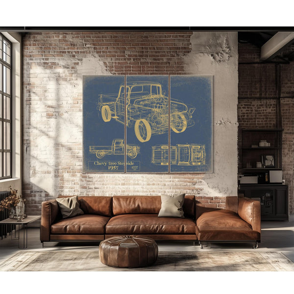 Cutler West Vintage 1957 Chevy 3100 Stepside Pickup Model Print, Original Blueprint Canvas
