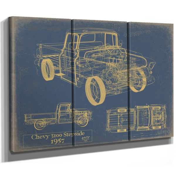 Cutler West Vintage 1957 Chevy 3100 Stepside Pickup Model Print, Original Blueprint Canvas