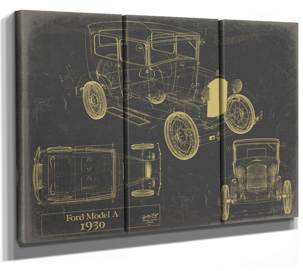 Cutler West Ford Model A 1930 blueprint with multiple technical views on tan canvas wrap