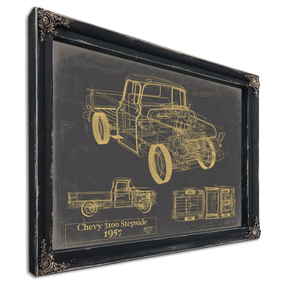 Cutler West Chevy 3100 Stepside 1957 blueprint schematic with multiple views in gold on grey background, black wood frame