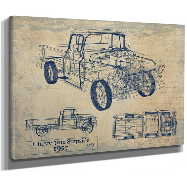 Cutler West Vintage 1957 Chevy 3100 Stepside Pickup Model Print, Original Blueprint Canvas