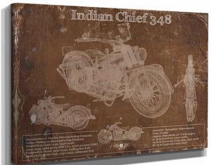 14" x 11" / Stretched Canvas Wrap Cutler West Indian Chief 348 Brown Background Vintage Original Motorcycle Blueprint