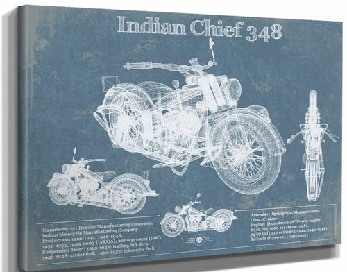 14" x 11" / Stretched Canvas Wrap Cutler West Indian Chief 348 Vintage Original Motorcycle Blueprint