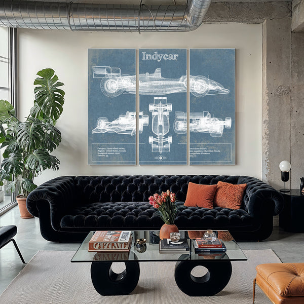 Indycar Blueprint Art Print as a 3 panel canvas wrap in a modern living room