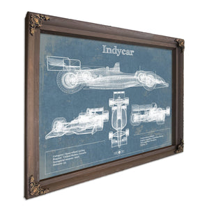 Indycar Blueprint Art Print in a Bourbon stained wood frame with antique gold corners