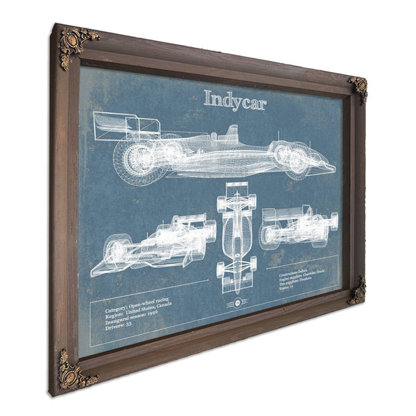 Indycar Blueprint Art Print in a Bourbon stained wood frame with antique gold corners