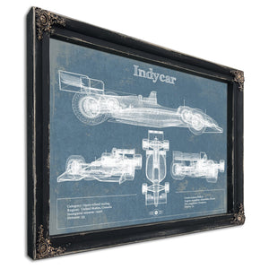 Indycar Blueprint Art Print in a distressed Vintage Black wood frame with ornate corners