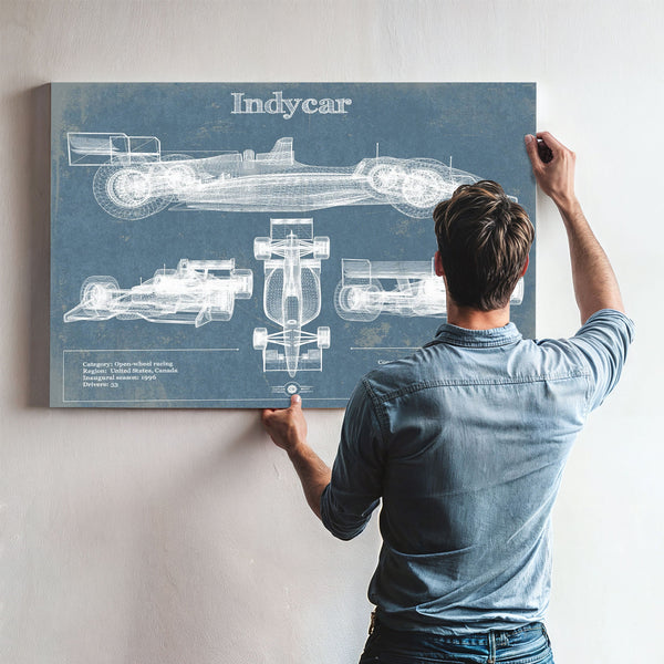 Indycar Blueprint Art Print framed in Vintage Black above a mid-century record console