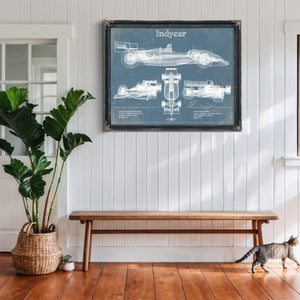 Indycar Blueprint Art Print framed in Vintage Black above a rustic console table