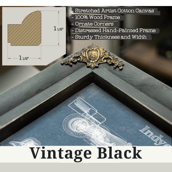 Vintage Black frame corner detail, 1.5 inch ornate wood moulding, Indycar Blueprint Art Print