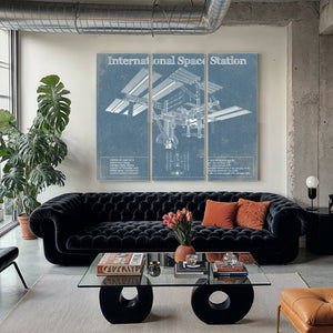 International Space Station Space Exploration Print as a 3 panel canvas wrap in a modern living room