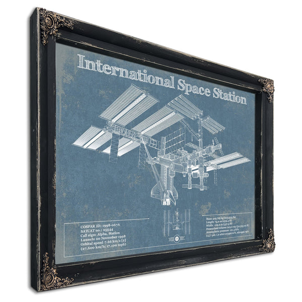 International Space Station Space Exploration Print in a distressed Vintage Black wood frame with ornate corners