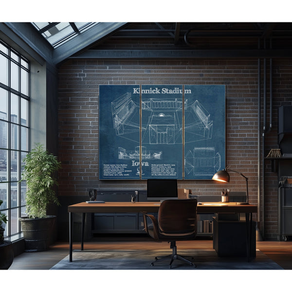 Iowa Hawkeyes football Kinnick Stadium Print as a 3 panel canvas wrap in an industrial loft office