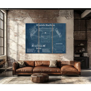 Iowa Hawkeyes football Kinnick Stadium Print as a 3 panel canvas wrap above a leather sofa
