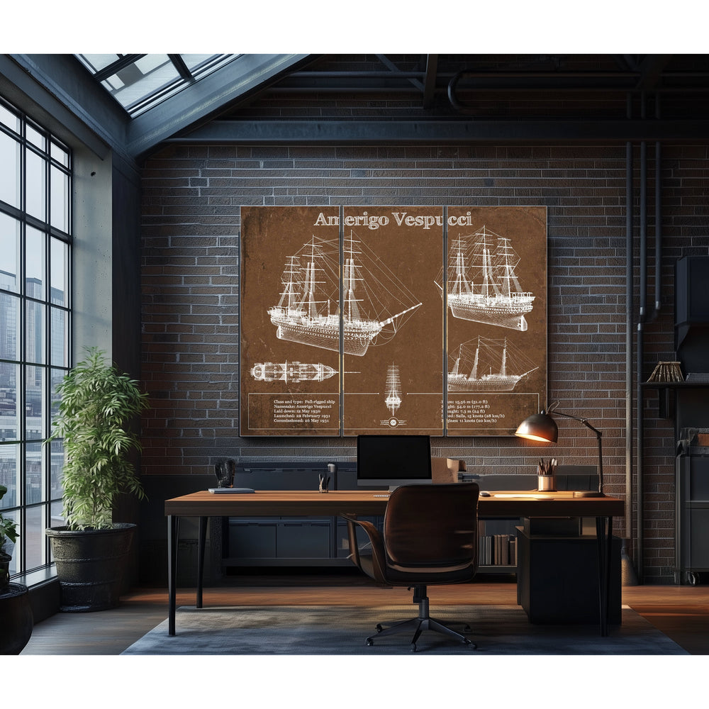 Italian Training Ship Amerigo Vespucci Print in a distressed Vintage Black wood frame with ornate corners