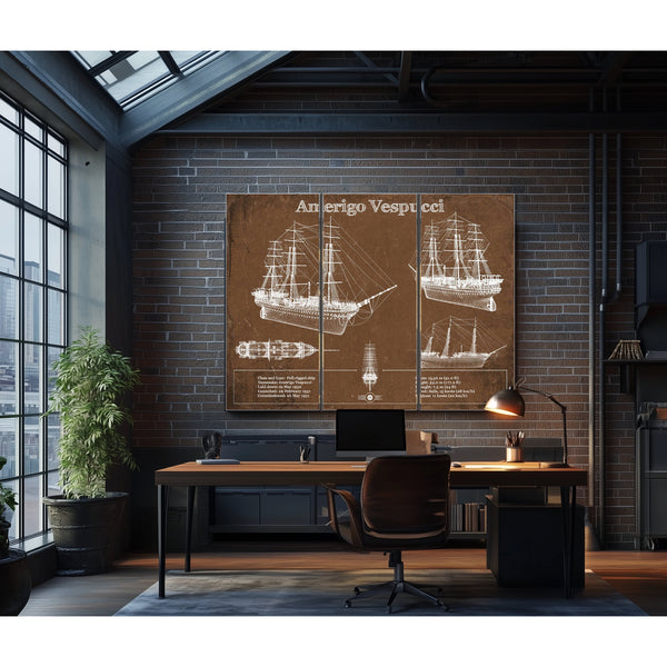 Italian Training Ship Amerigo Vespucci Print as a 3 panel canvas wrap in an industrial loft office