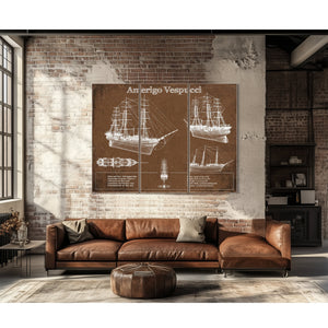 Italian Training Ship Amerigo Vespucci Print as a 3 panel canvas wrap above a leather sofa