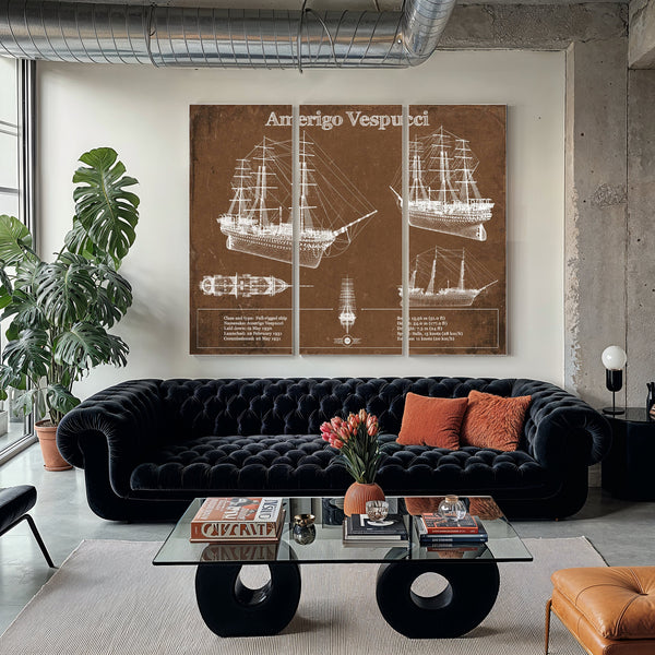 Italian Training Ship Amerigo Vespucci Print as a 3 panel canvas wrap in a modern living room