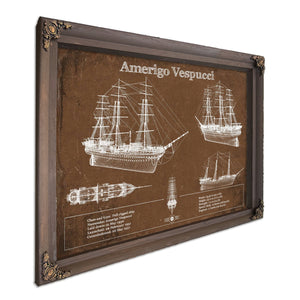 Italian Training Ship Amerigo Vespucci Print in a Bourbon stained wood frame with antique gold corners