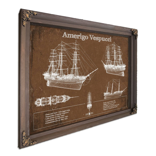 Italian Training Ship Amerigo Vespucci Print in a Bourbon stained wood frame with antique gold corners