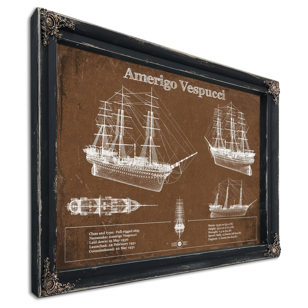 Italian Training Ship Amerigo Vespucci Print in a distressed Vintage Black wood frame with ornate corners