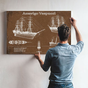 Italian Training Ship Amerigo Vespucci Print framed in Vintage Black above a mid-century record console