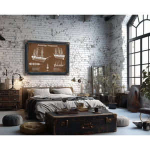 Italian Training Ship Amerigo Vespucci Print framed in Vintage Black in a farmhouse entryway