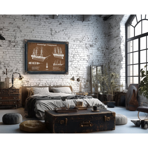 Italian Training Ship Amerigo Vespucci Print framed in Vintage Black in a farmhouse entryway