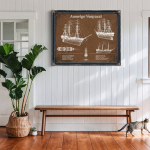 Italian Training Ship Amerigo Vespucci Print framed in Vintage Black above a rustic console table