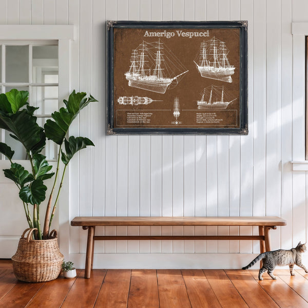 Italian Training Ship Amerigo Vespucci Print framed in Vintage Black above a rustic console table