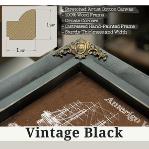 Vintage Black frame corner detail, 1.5 inch ornate wood moulding, Italian Training Ship Amerigo Vespucci Print