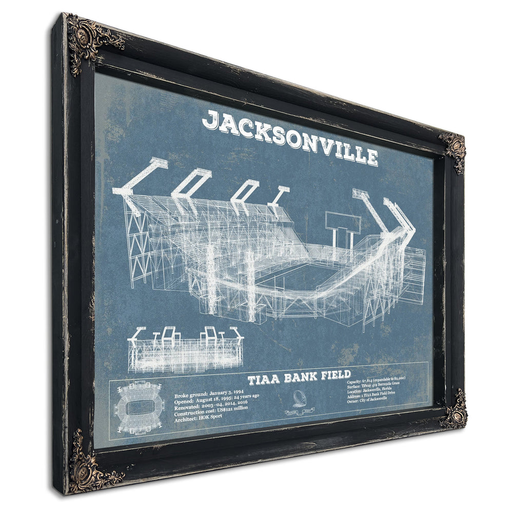 Jacksonville Jaguars TIAA Bank Field Stadium Print in a distressed Vintage Black wood frame with ornate corners