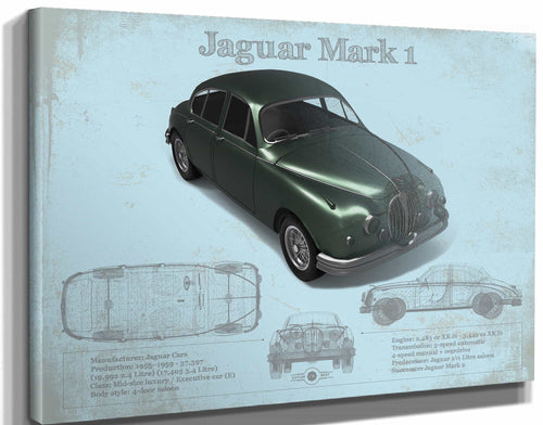 14" x 11" / Stretched Canvas Wrap Cutler West Jaguar Mark 1 (Dark Green) Blueprint Vintage Auto Print