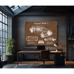 Jaguar Mark 1 Saloon Blueprint Art Print as a 3 panel canvas wrap in an industrial loft office
