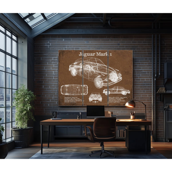 Jaguar Mark 1 Saloon Blueprint Art Print as a 3 panel canvas wrap in an industrial loft office