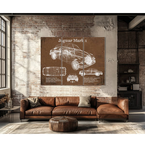Jaguar Mark 1 Saloon Blueprint Art Print as a 3 panel canvas wrap above a leather sofa
