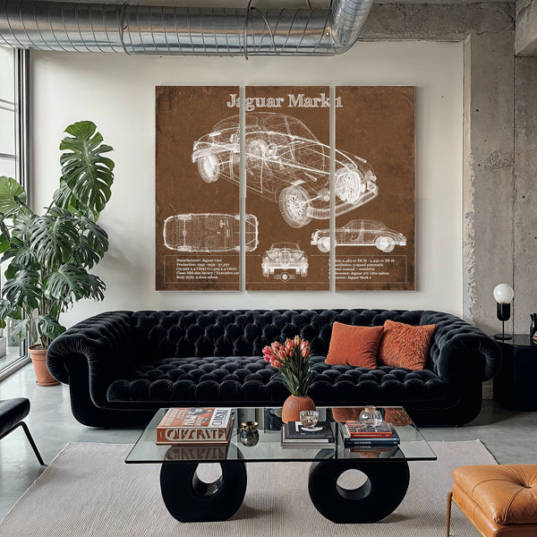 Jaguar Mark 1 Saloon Blueprint Art Print as a 3 panel canvas wrap in a modern living room